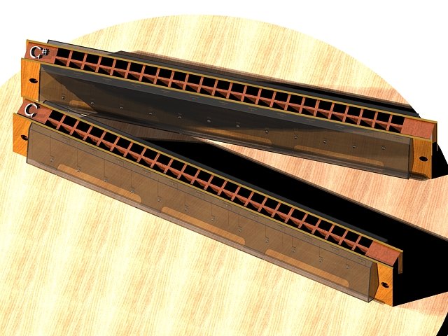 兩支並排的口琴 3D 渲染，放在淺色木紋桌面上