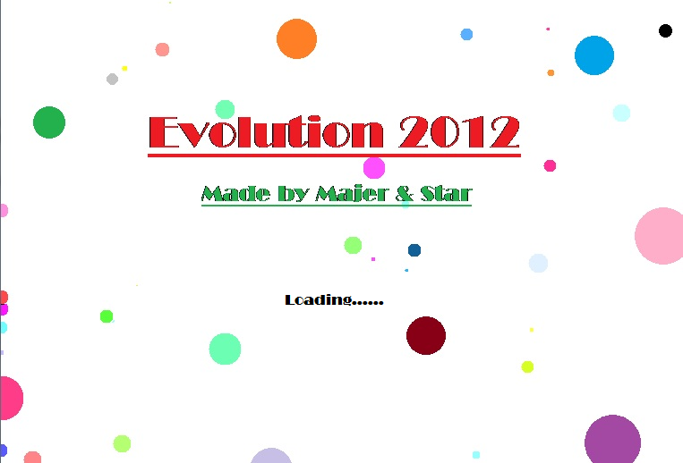 白底上散落彩色圓點，中間紅字 Evolution 2012，下面綠字 Made by Majer & Star 和 Loading