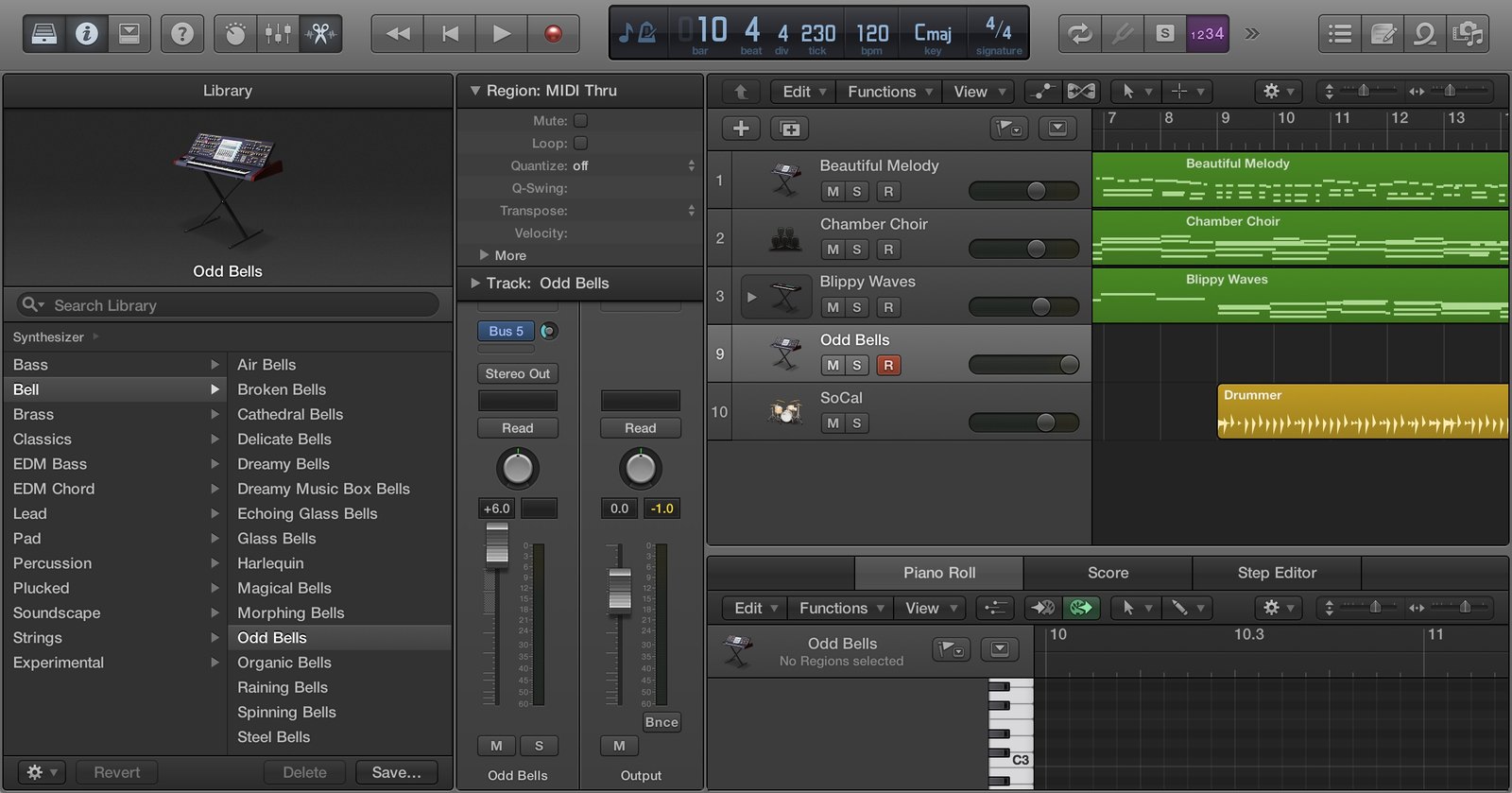 Logic 視窗：音色庫選了 Odd Bells，三條 MIDI 軌