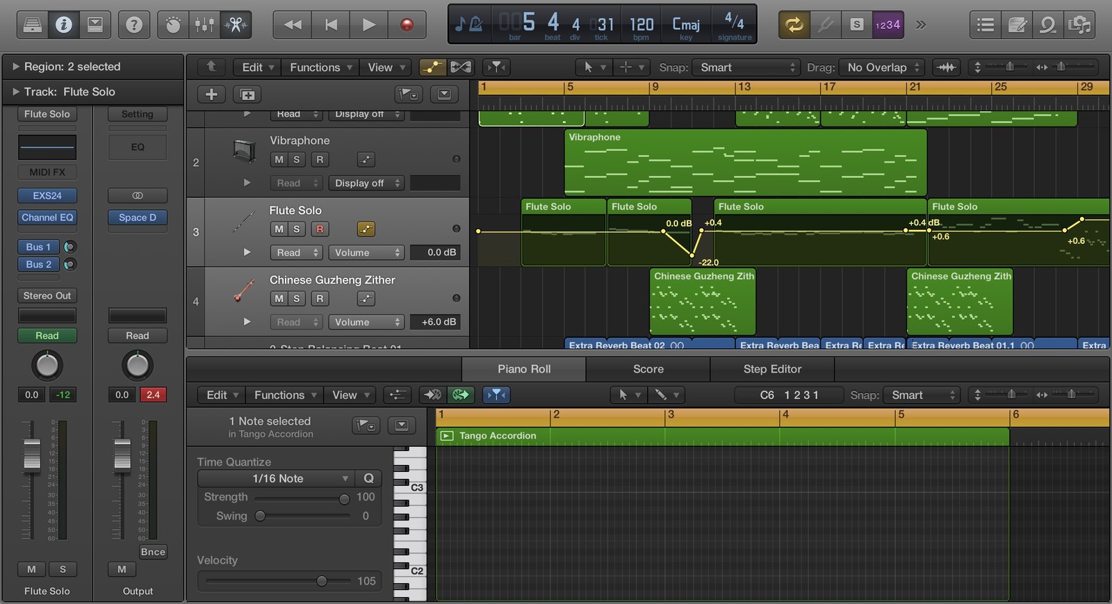 Logic 視窗：Vibraphone、Flute Solo、Chinese Guzheng Zither 三條軌與音量自動化