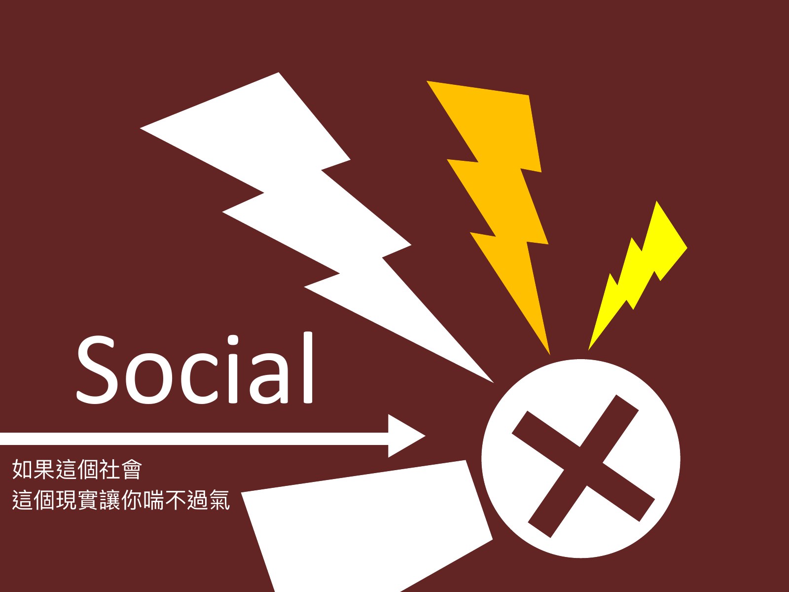 深褐色底,白色閃電與一個叉號圓形,寫 Social