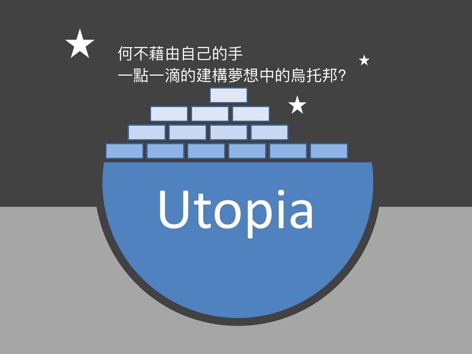 藍色半圓碗裡疊著磚塊,寫 Utopia,上方小字是建構烏托邦的句子