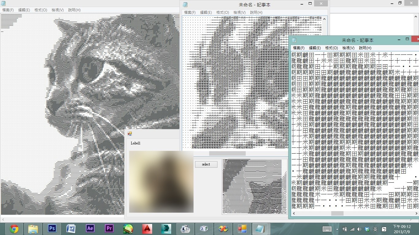 Windows 桌面上三個記事本視窗，裡面是用字印出來的一隻貓的側臉，前面有程式視窗顯示原圖