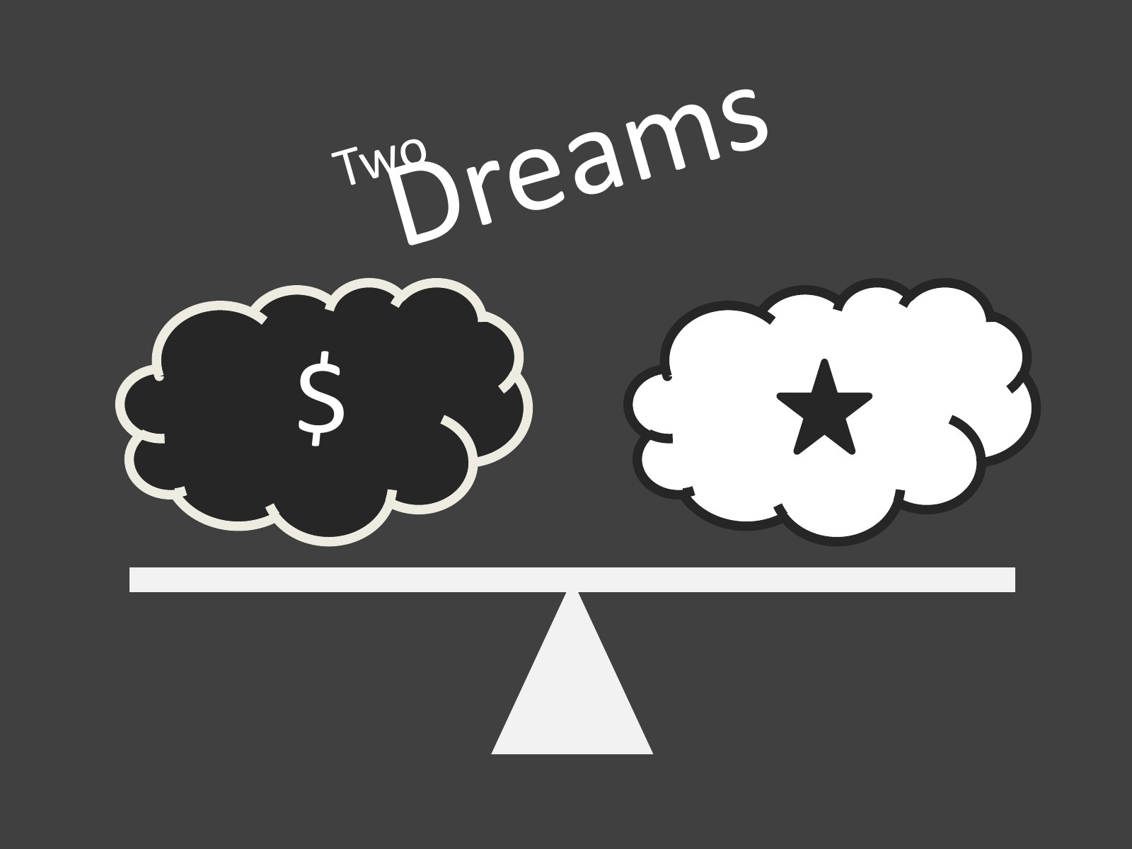 天秤兩端各一朵雲，一朵寫 $，一朵畫星星，上方寫 Two Dreams