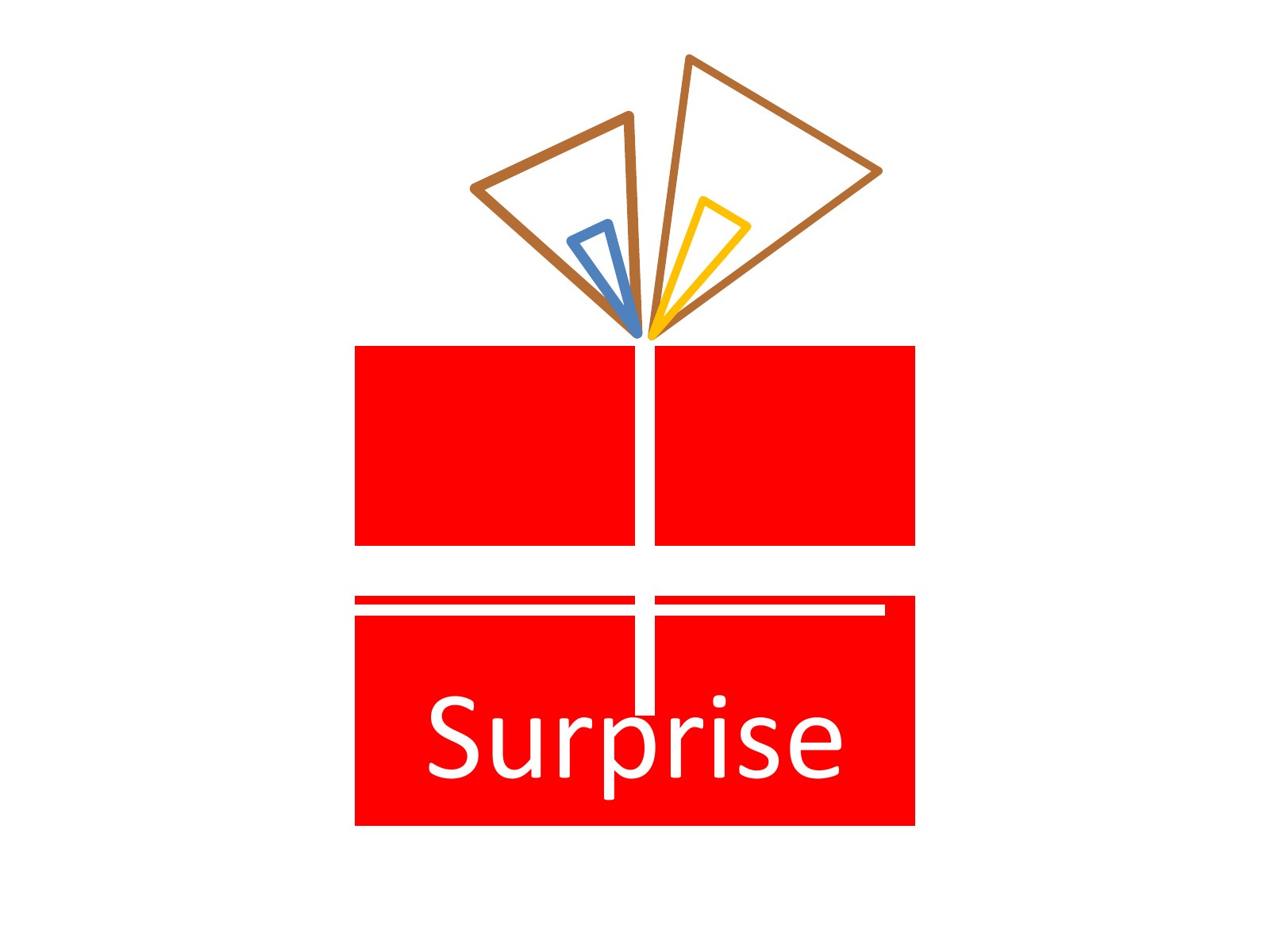 紅色禮物盒冒出三角形，寫 Surprise