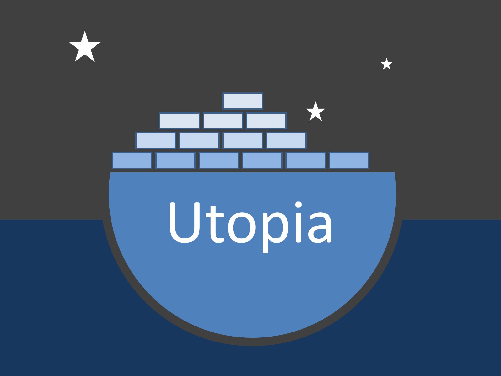 藍色半圓碗裡疊著磚塊，寫 Utopia