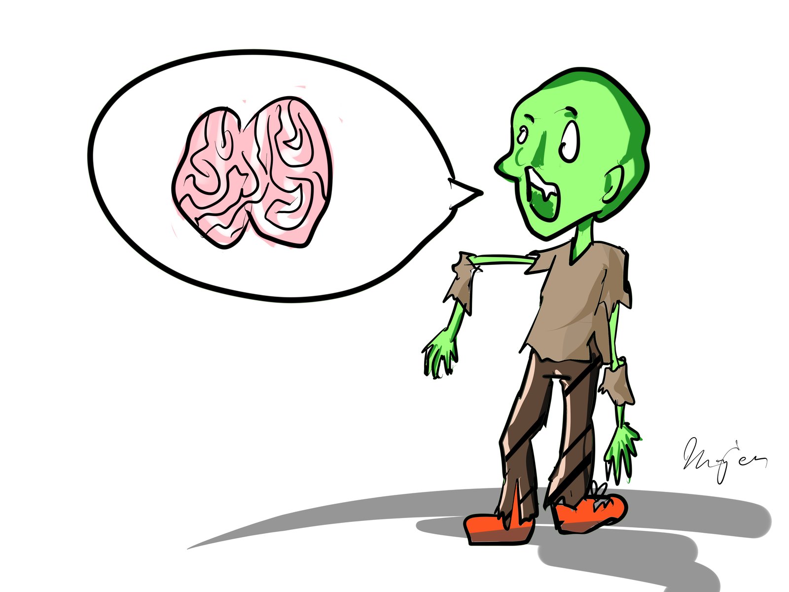綠色皮膚、衣服破爛的殭屍，說話框裡是一顆腦