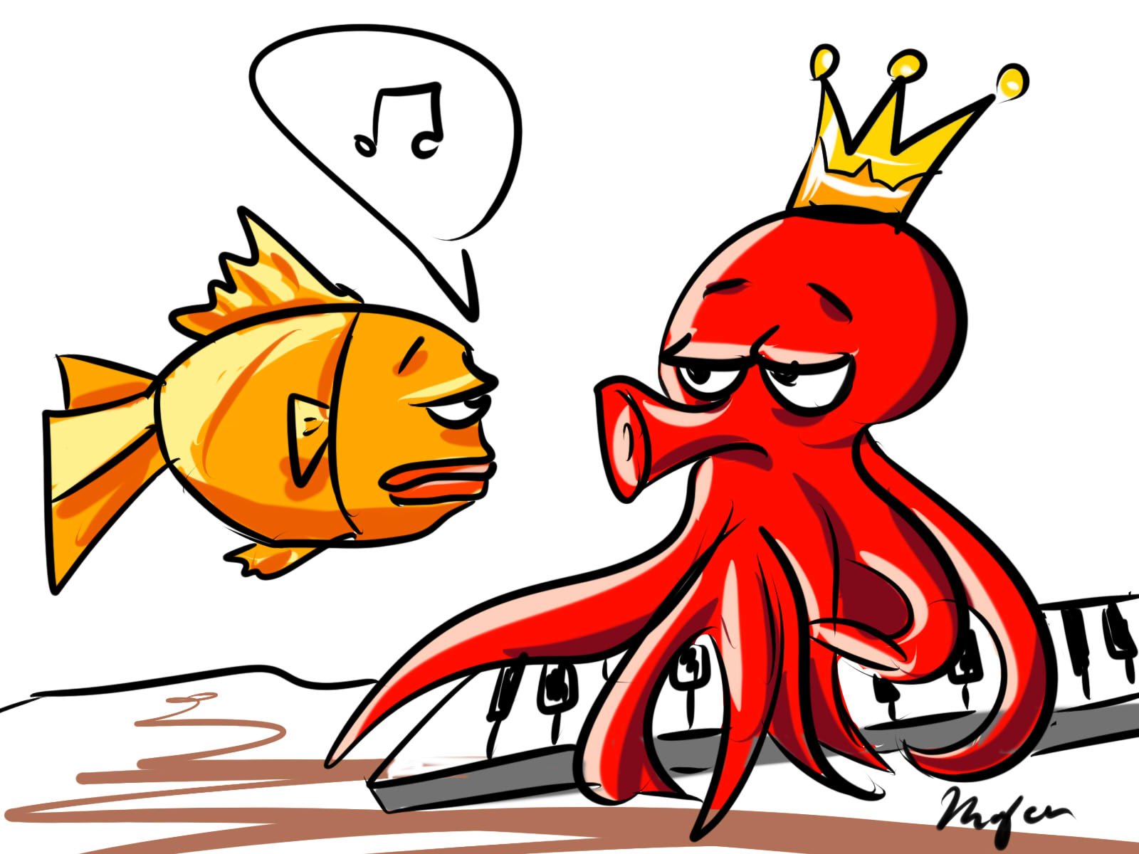 戴皇冠的紅色章魚坐在琴鍵上，橘色金魚旁邊冒出音符