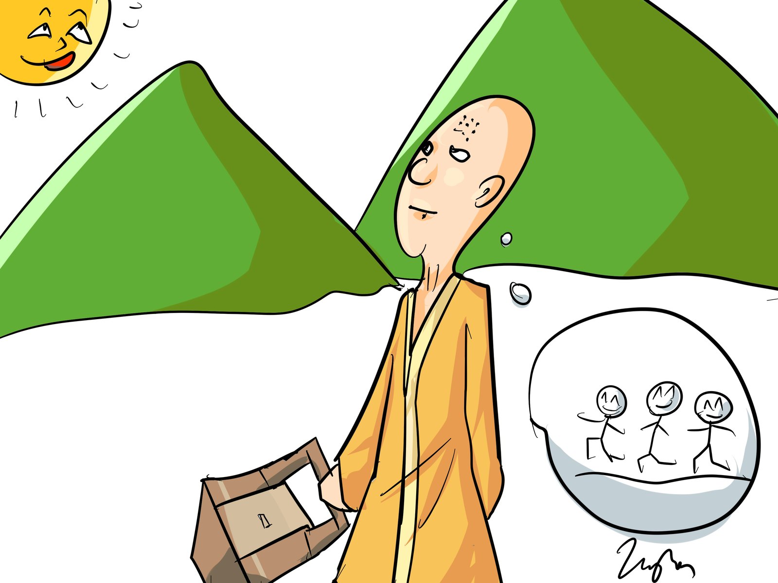 穿橘黃袍子的和尚扛著包袱站在兩座山前，想著三個手拉手的火柴人