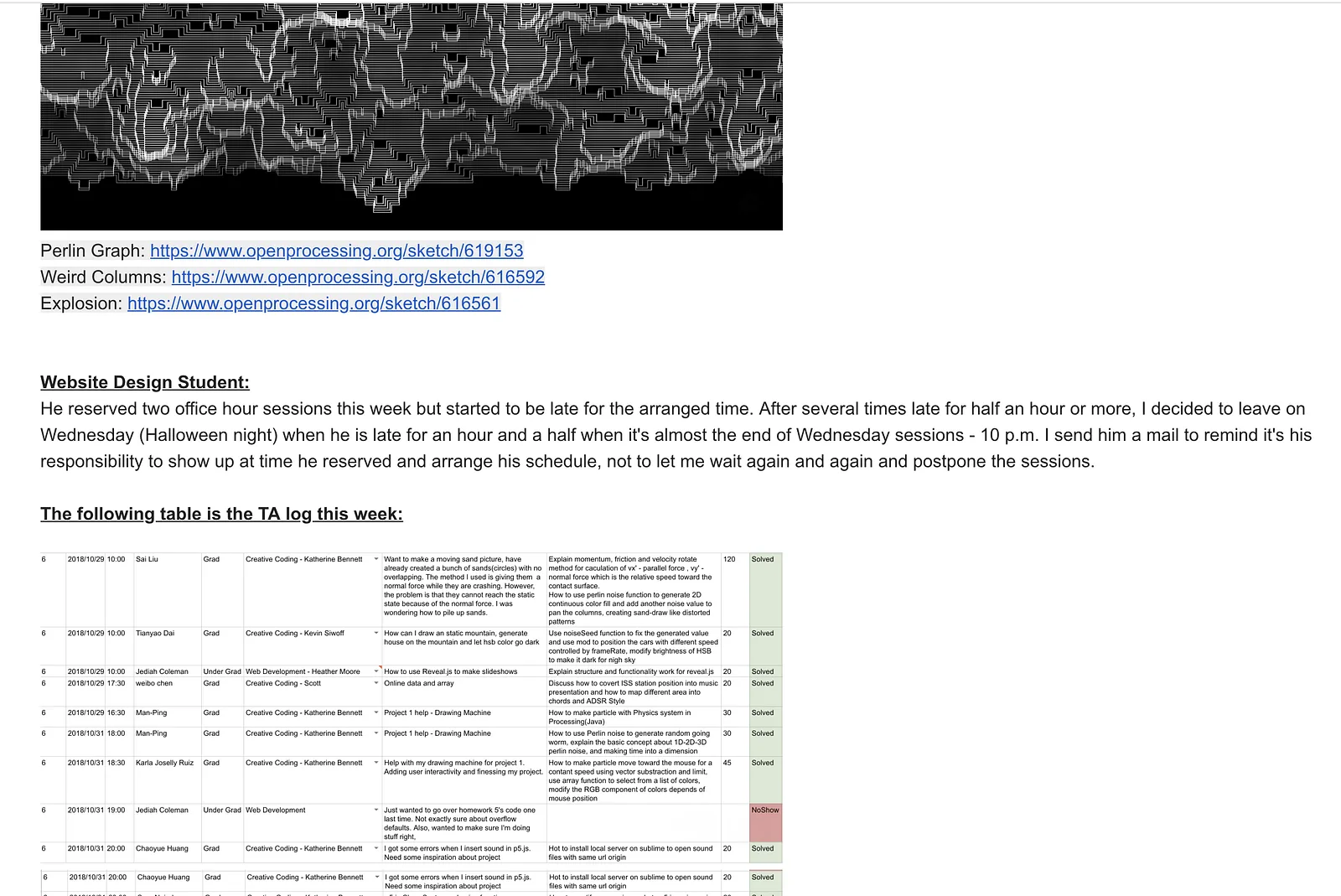 Weekly report to the professor (3): this week's questions and the TA log table