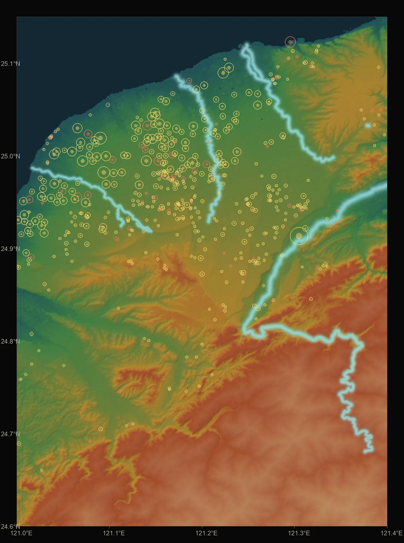 Map of Taoyuan's elevation field, seven rivers and 519 ponds